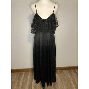 Vintage Nightgown M Black Sexy Long Nylon Satin Lace Slip Dress Spaghetti Strap